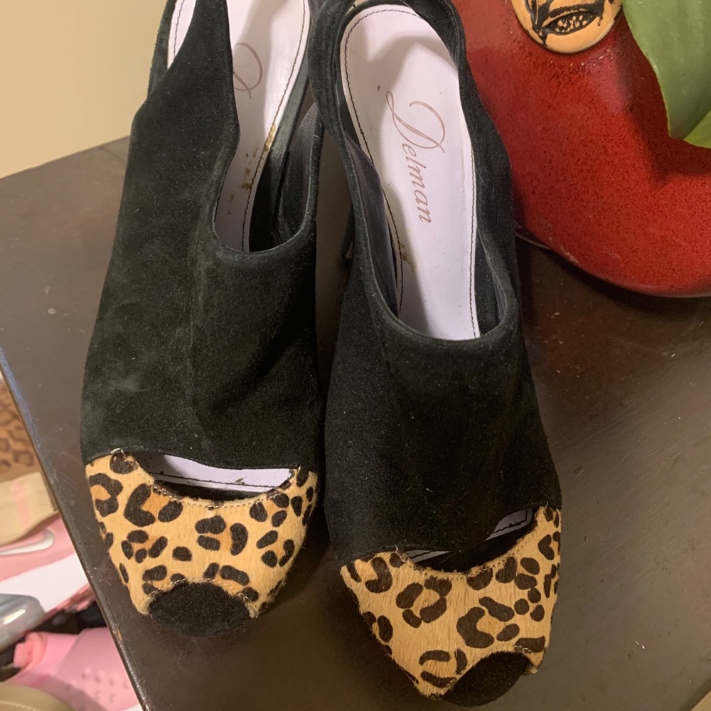 Vintage Delman suede and calf hair peep toe heels